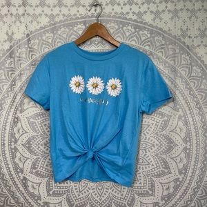 New $18 No Boundaries T Shirt Tie Front Knot Blue Sunflower Flower Silver Tee M